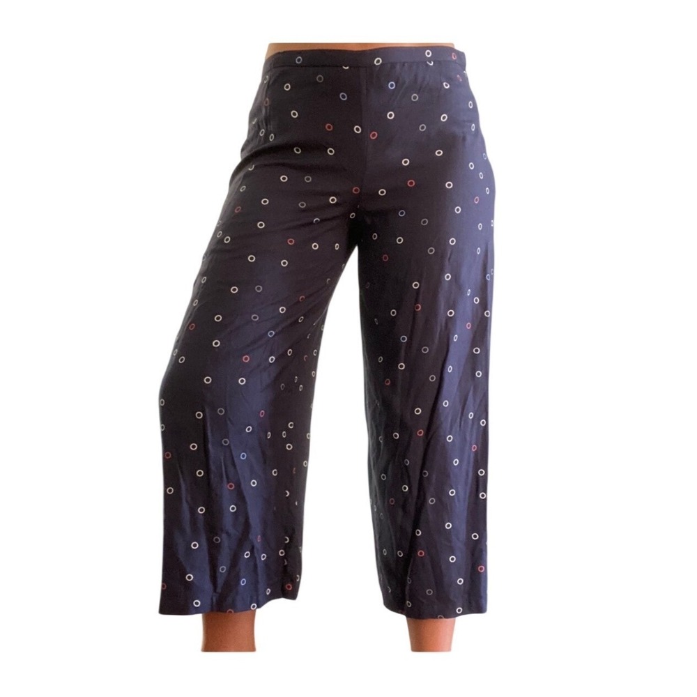 Ali Golden‎ Navy Blue Polka Dot Ring Print Viscose Culotte Wide Leg Pants XS